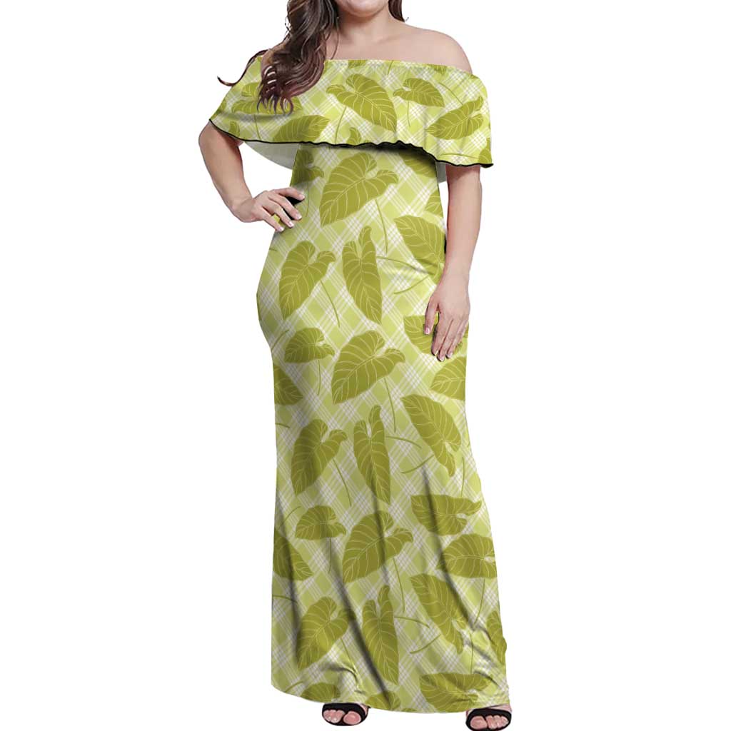 Lime Green Hawaii Kalo Palaka Motifs Off Shoulder Maxi Dress Hawaiian Taro Leaves Elegant Vibes - Polynesian Pride