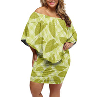 Lime Green Hawaii Kalo Palaka Motifs Off Shoulder Short Dress Hawaiian Taro Leaves Elegant Vibes - Polynesian Pride