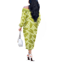 Lime Green Hawaii Kalo Palaka Motifs Off The Shoulder Long Sleeve Dress Hawaiian Taro Leaves Elegant Vibes - Polynesian Pride