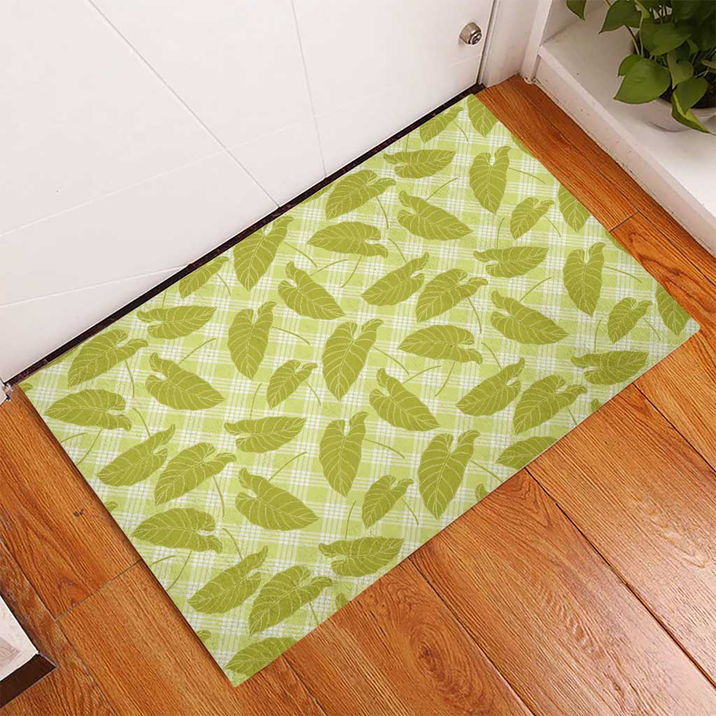 Lime Green Hawaii Kalo Palaka Motifs Rubber Doormat Hawaiian Taro Leaves Elegant Vibes - Polynesian Pride