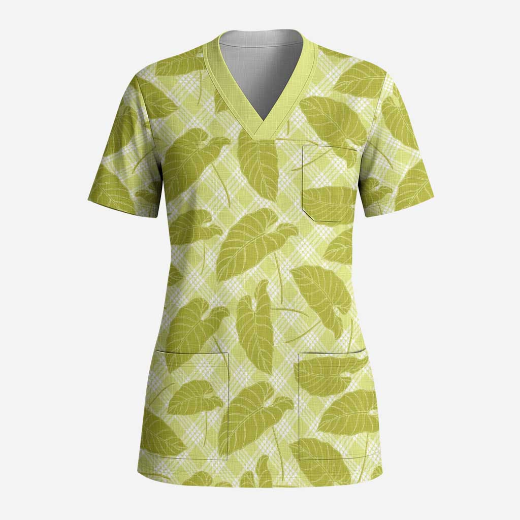 Lime Green Hawaii Kalo Palaka Motifs Scrub Top Hawaiian Taro Leaves Elegant Vibes - Polynesian Pride