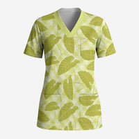 Lime Green Hawaii Kalo Palaka Motifs Scrub Top Hawaiian Taro Leaves Elegant Vibes - Polynesian Pride