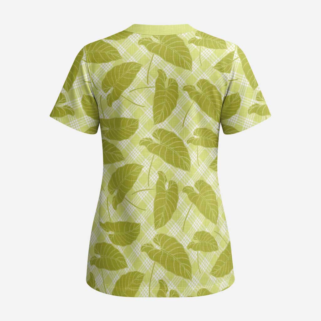 Lime Green Hawaii Kalo Palaka Motifs Scrub Top Hawaiian Taro Leaves Elegant Vibes - Polynesian Pride
