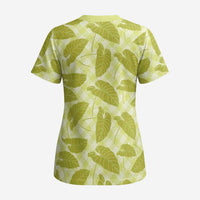Lime Green Hawaii Kalo Palaka Motifs Scrub Top Hawaiian Taro Leaves Elegant Vibes - Polynesian Pride