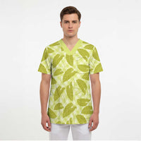 Lime Green Hawaii Kalo Palaka Motifs Scrub Top Hawaiian Taro Leaves Elegant Vibes - Polynesian Pride