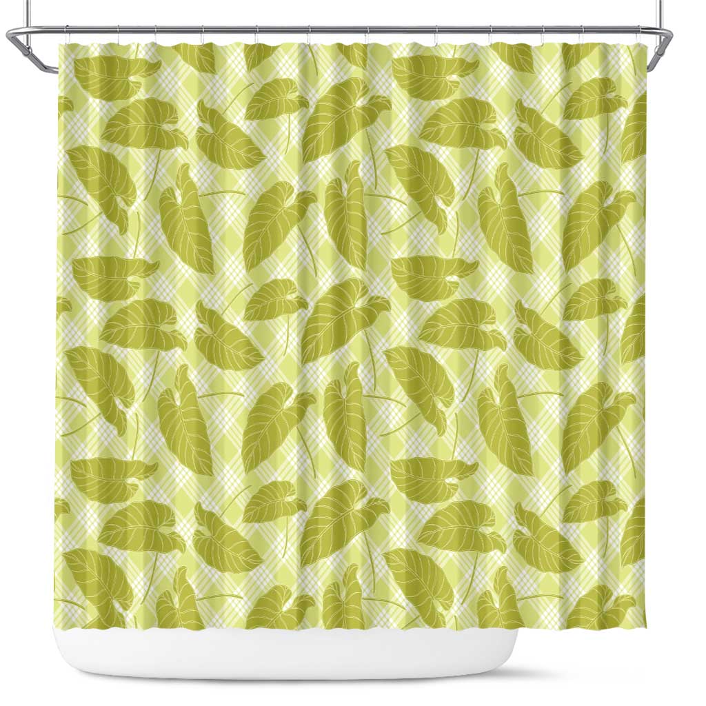 Lime Green Hawaii Kalo Palaka Motifs Shower Curtain Hawaiian Taro Leaves Elegant Vibes - Polynesian Pride