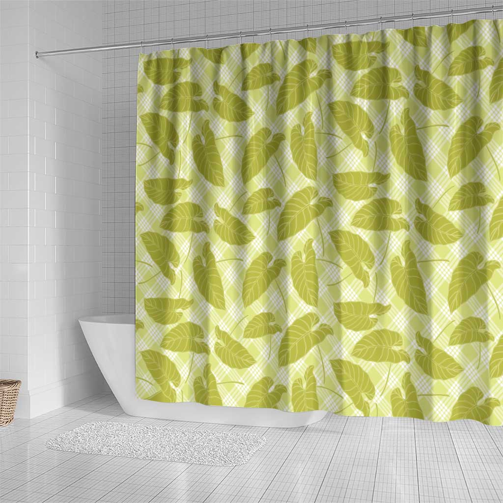 Lime Green Hawaii Kalo Palaka Motifs Shower Curtain Hawaiian Taro Leaves Elegant Vibes - Polynesian Pride