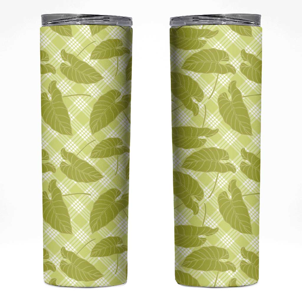 Lime Green Hawaii Kalo Palaka Motifs Skinny Tumbler Hawaiian Taro Leaves Elegant Vibes - Polynesian Pride