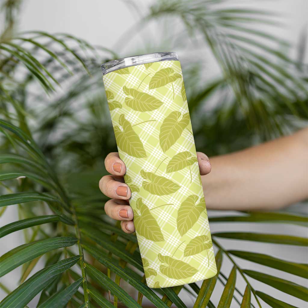 Lime Green Hawaii Kalo Palaka Motifs Skinny Tumbler Hawaiian Taro Leaves Elegant Vibes - Polynesian Pride