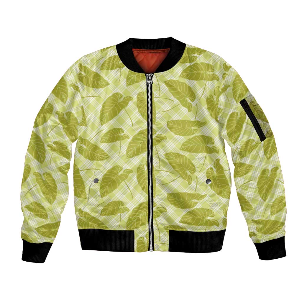 Lime Green Hawaii Kalo Palaka Motifs Sleeve Zip Bomber Jacket Hawaiian Taro Leaves Elegant Vibes - Polynesian Pride