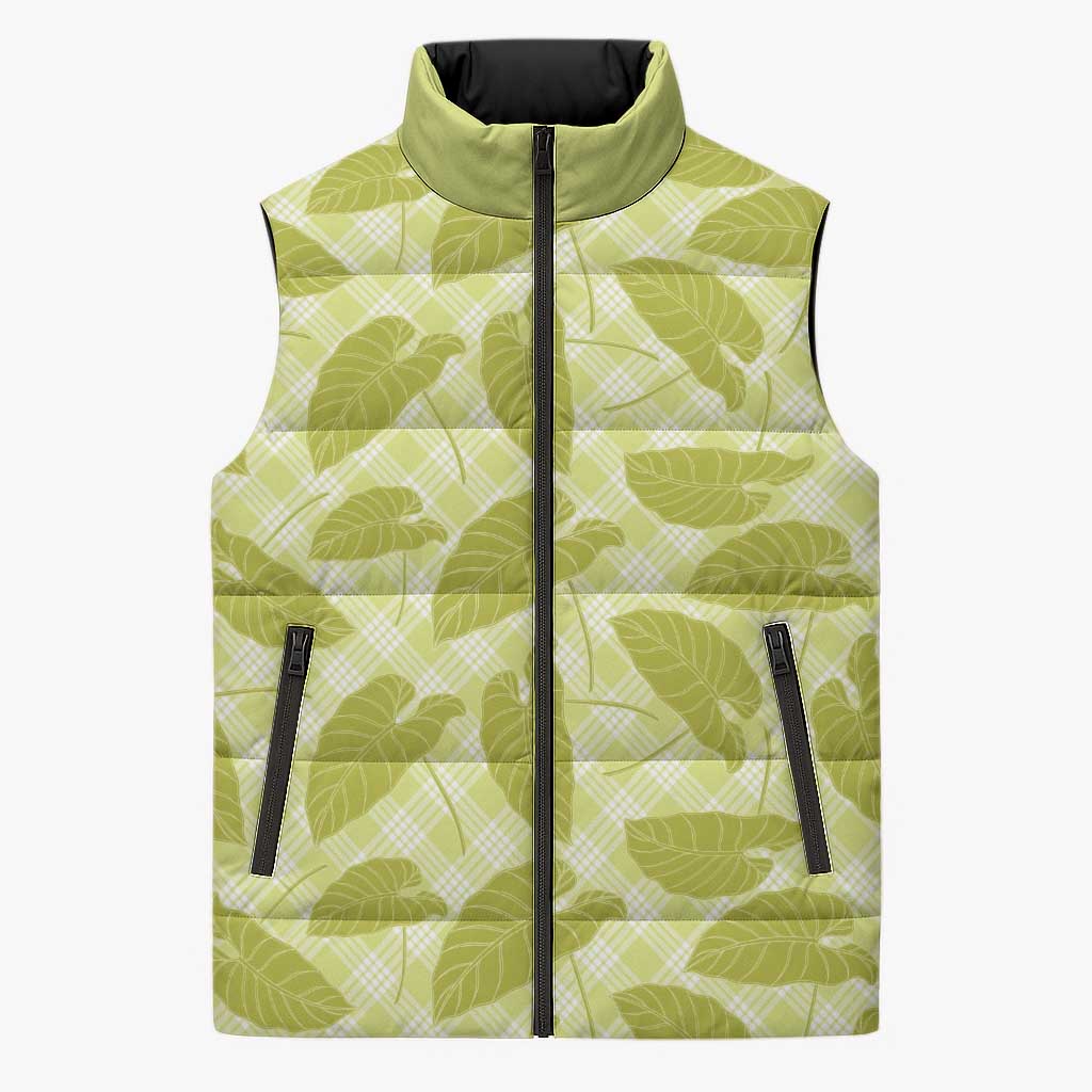 Lime Green Hawaii Kalo Palaka Motifs Sleeveless Puffer Jacket Hawaiian Taro Leaves Elegant Vibes - Polynesian Pride