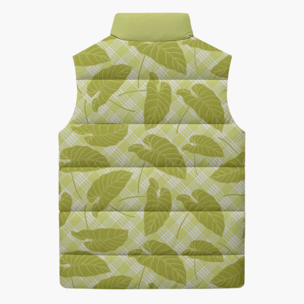 Lime Green Hawaii Kalo Palaka Motifs Sleeveless Puffer Jacket Hawaiian Taro Leaves Elegant Vibes - Polynesian Pride