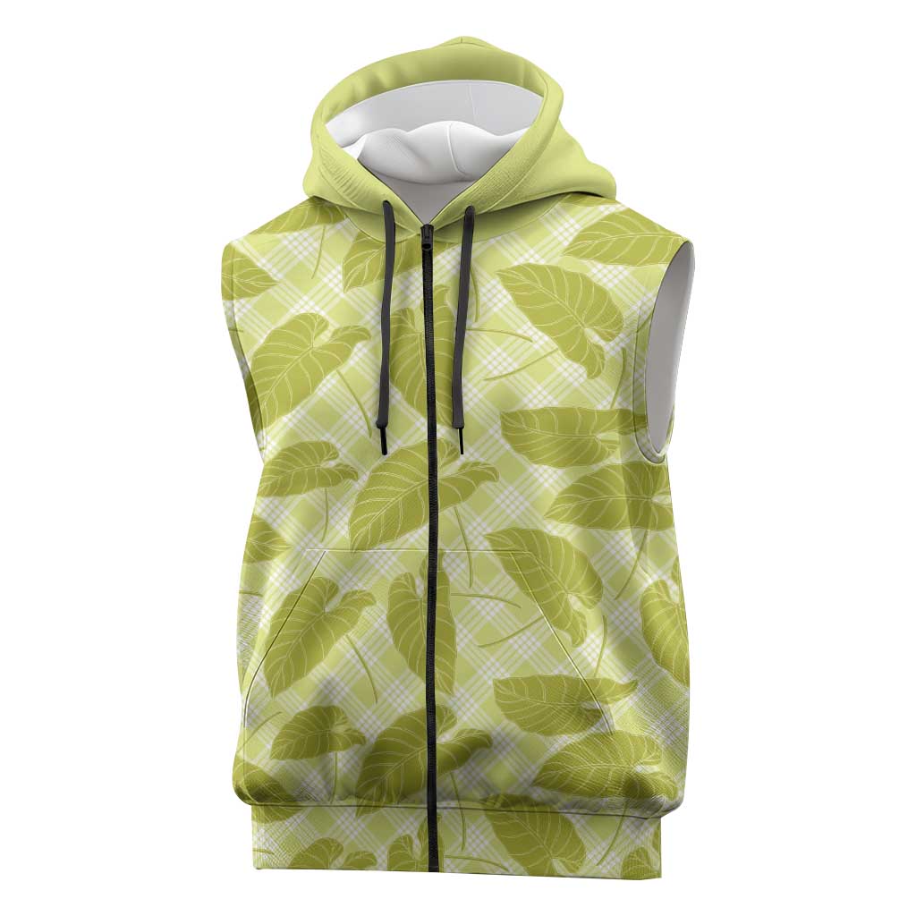Lime Green Hawaii Kalo Palaka Motifs Sleeveless Zip Hoodie Hawaiian Taro Leaves Elegant Vibes - Polynesian Pride