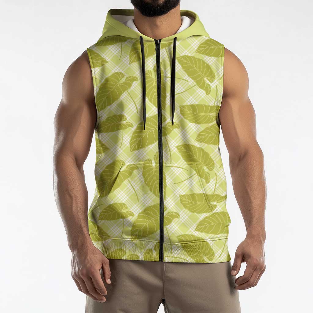 Lime Green Hawaii Kalo Palaka Motifs Sleeveless Zip Hoodie Hawaiian Taro Leaves Elegant Vibes - Polynesian Pride
