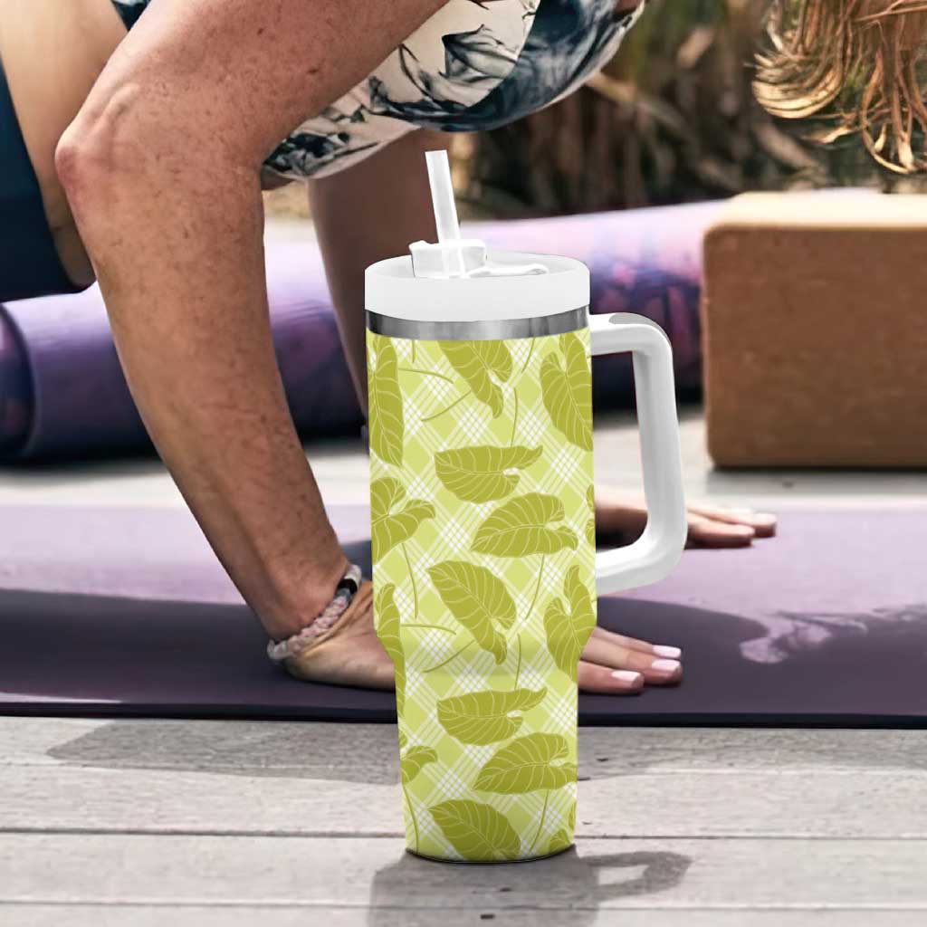 Lime Green Hawaii Kalo Palaka Motifs Tumbler With Handle Hawaiian Taro Leaves Elegant Vibes - Polynesian Pride