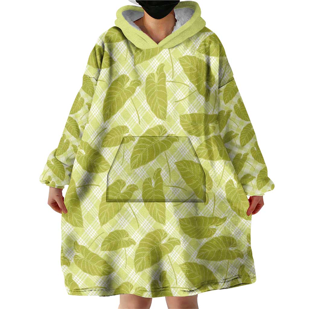 Lime Green Hawaii Kalo Palaka Motifs Wearable Blanket Hoodie Hawaiian Taro Leaves Elegant Vibes - Polynesian Pride