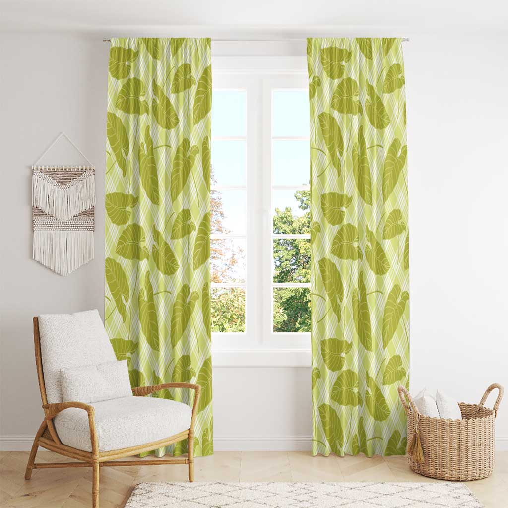 Lime Green Hawaii Kalo Palaka Motifs Window Curtain Hawaiian Taro Leaves Elegant Vibes - Polynesian Pride