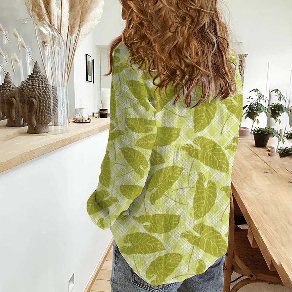 Lime Green Hawaii Kalo Palaka Motifs Women Casual Shirt Hawaiian Taro Leaves Elegant Vibes - Polynesian Pride