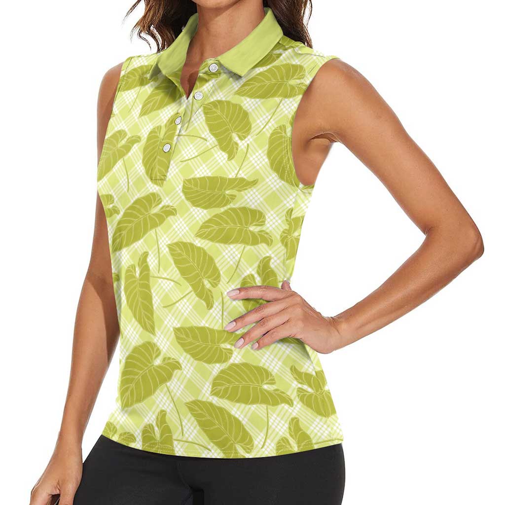 Lime Green Hawaii Kalo Palaka Motifs Women Sleeveless Polo Shirt Hawaiian Taro Leaves Elegant Vibes - Polynesian Pride