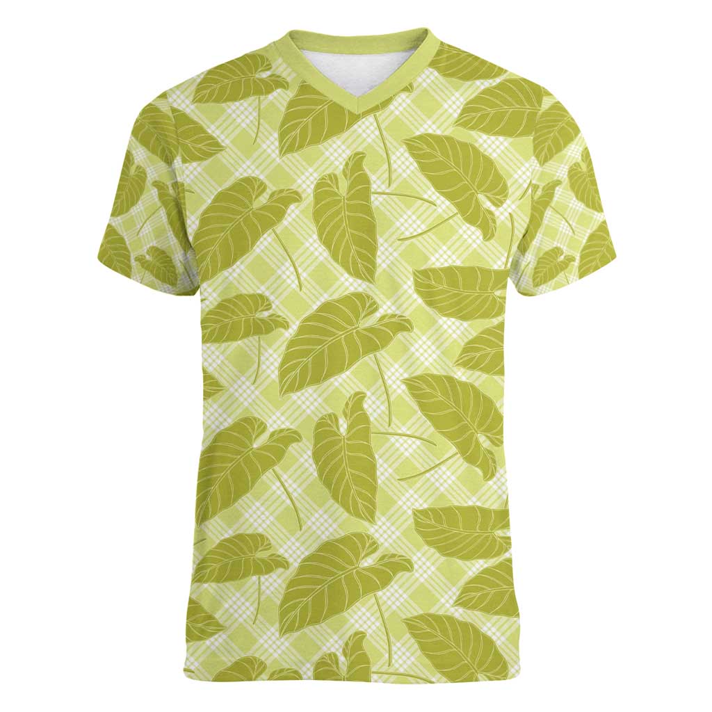 Lime Green Hawaii Kalo Palaka Motifs Women V-Neck T-Shirt Hawaiian Taro Leaves Elegant Vibes - Polynesian Pride