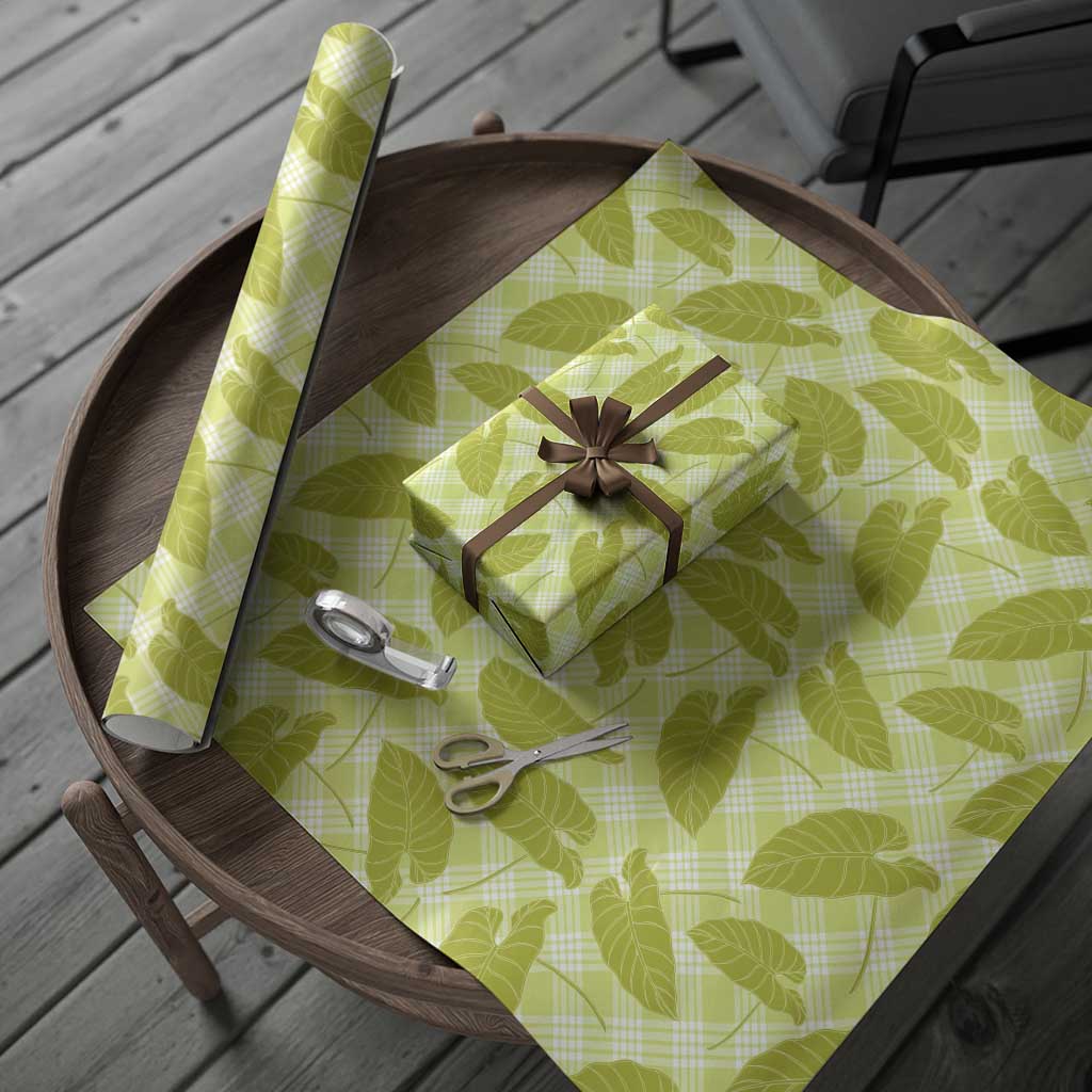 Lime Green Hawaii Kalo Palaka Motifs Wrapping Paper Hawaiian Taro Leaves Elegant Vibes - Polynesian Pride