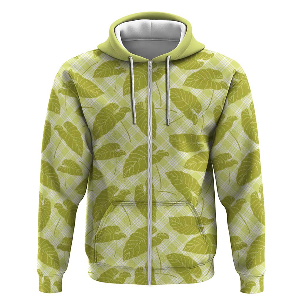 Lime Green Hawaii Kalo Palaka Motifs Zip Hoodie Hawaiian Taro Leaves Elegant Vibes - Polynesian Pride