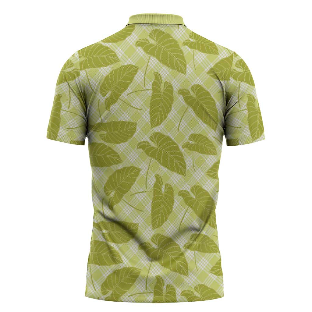 Lime Green Hawaii Kalo Palaka Motifs Zipper Polo Shirt Hawaiian Taro Leaves Elegant Vibes - Polynesian Pride