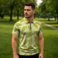 Lime Green Hawaii Kalo Palaka Motifs Zipper Polo Shirt Hawaiian Taro Leaves Elegant Vibes - Polynesian Pride