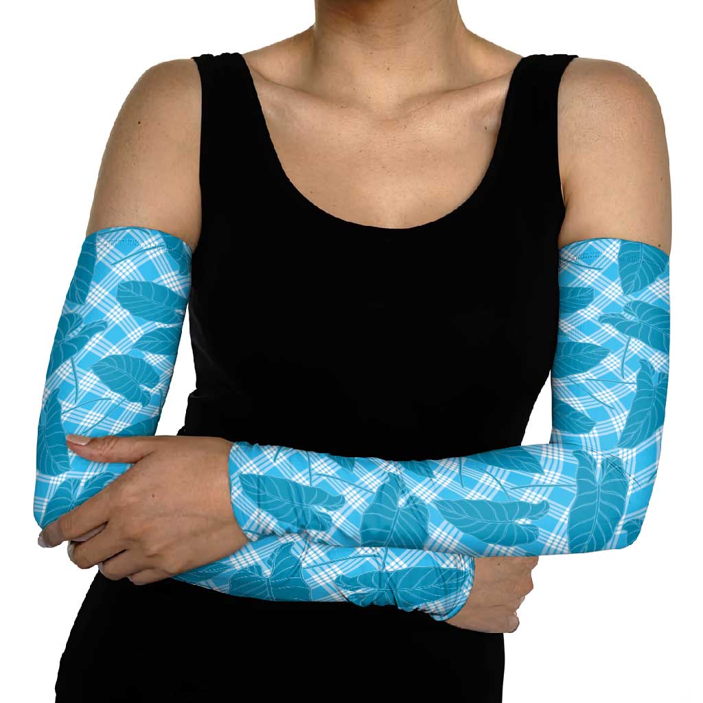 Blue Hawaii Kalo Palaka Motifs Arm Sleeves Hawaiian Taro Leaves Elegant Vibes - Polynesian Pride