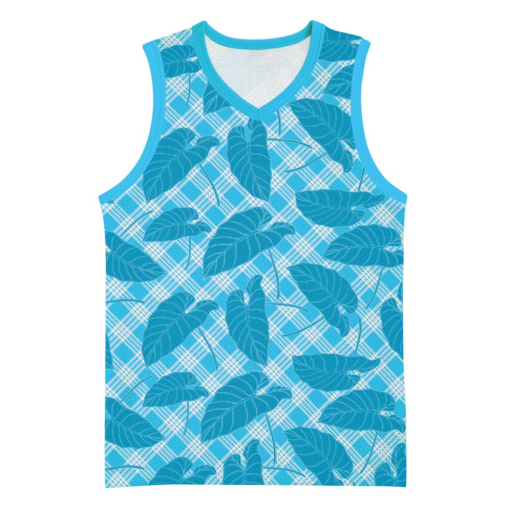 Blue Hawaii Kalo Palaka Motifs Basketball Jersey Hawaiian Taro Leaves Elegant Vibes - Polynesian Pride