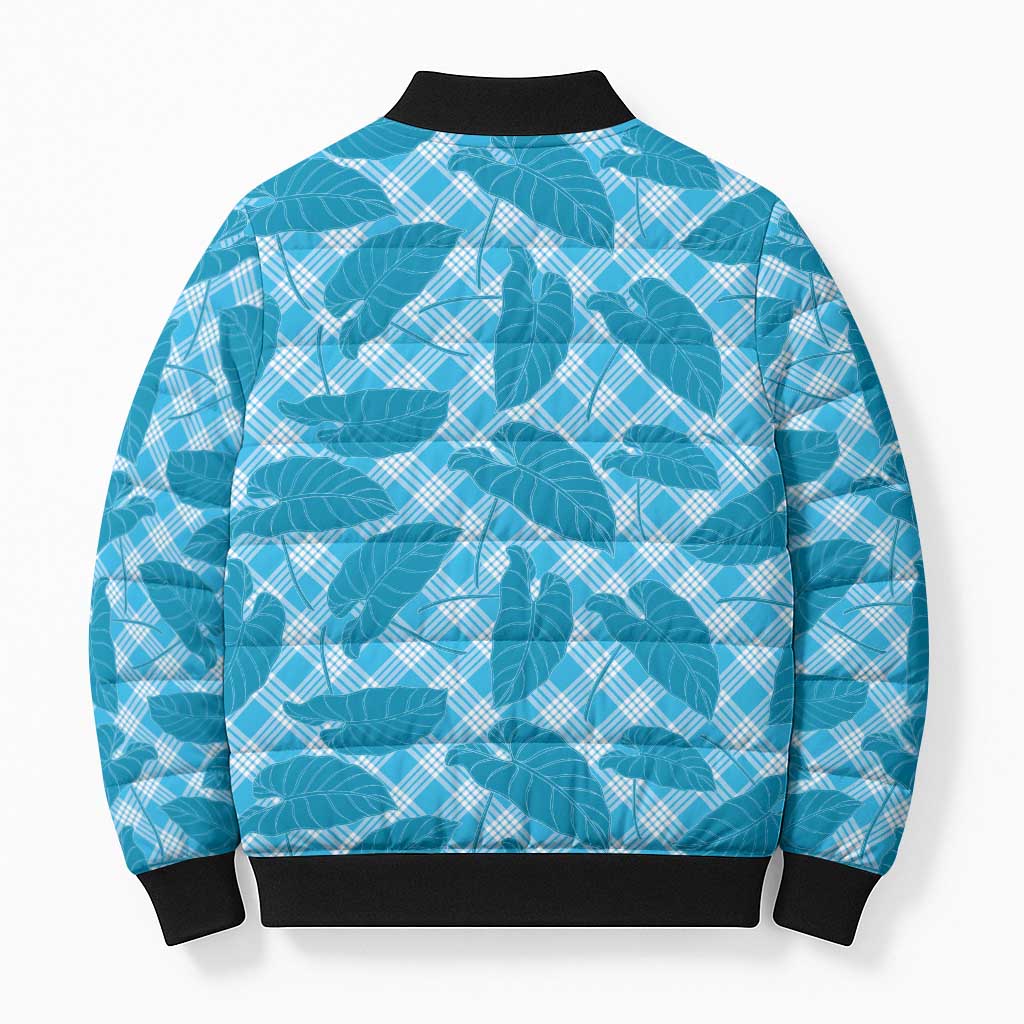 Blue Hawaii Kalo Palaka Motifs Bomber Puffer Jacket Hawaiian Taro Leaves Elegant Vibes - Polynesian Pride