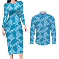Blue Hawaii Kalo Palaka Motifs Couples Matching Long Sleeve Bodycon Dress and Long Sleeve Button Shirt Hawaiian Taro Leaves Elegant Vibes - Polynesian Pride