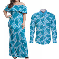 Blue Hawaii Kalo Palaka Motifs Couples Matching Off Shoulder Maxi Dress and Long Sleeve Button Shirt Hawaiian Taro Leaves Elegant Vibes - Polynesian Pride
