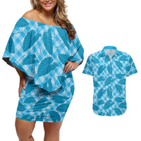 Blue Hawaii Kalo Palaka Motifs Couples Matching Off Shoulder Short Dress and Hawaiian Shirt Hawaiian Taro Leaves Elegant Vibes - Polynesian Pride