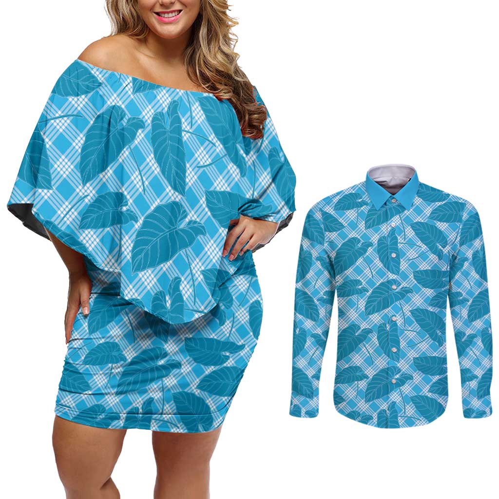 Blue Hawaii Kalo Palaka Motifs Couples Matching Off Shoulder Short Dress and Long Sleeve Button Shirt Hawaiian Taro Leaves Elegant Vibes - Polynesian Pride