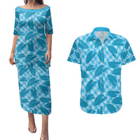 Blue Hawaii Kalo Palaka Motifs Couples Matching Puletasi and Hawaiian Shirt Hawaiian Taro Leaves Elegant Vibes - Polynesian Pride