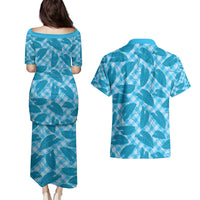Blue Hawaii Kalo Palaka Motifs Couples Matching Puletasi and Hawaiian Shirt Hawaiian Taro Leaves Elegant Vibes - Polynesian Pride