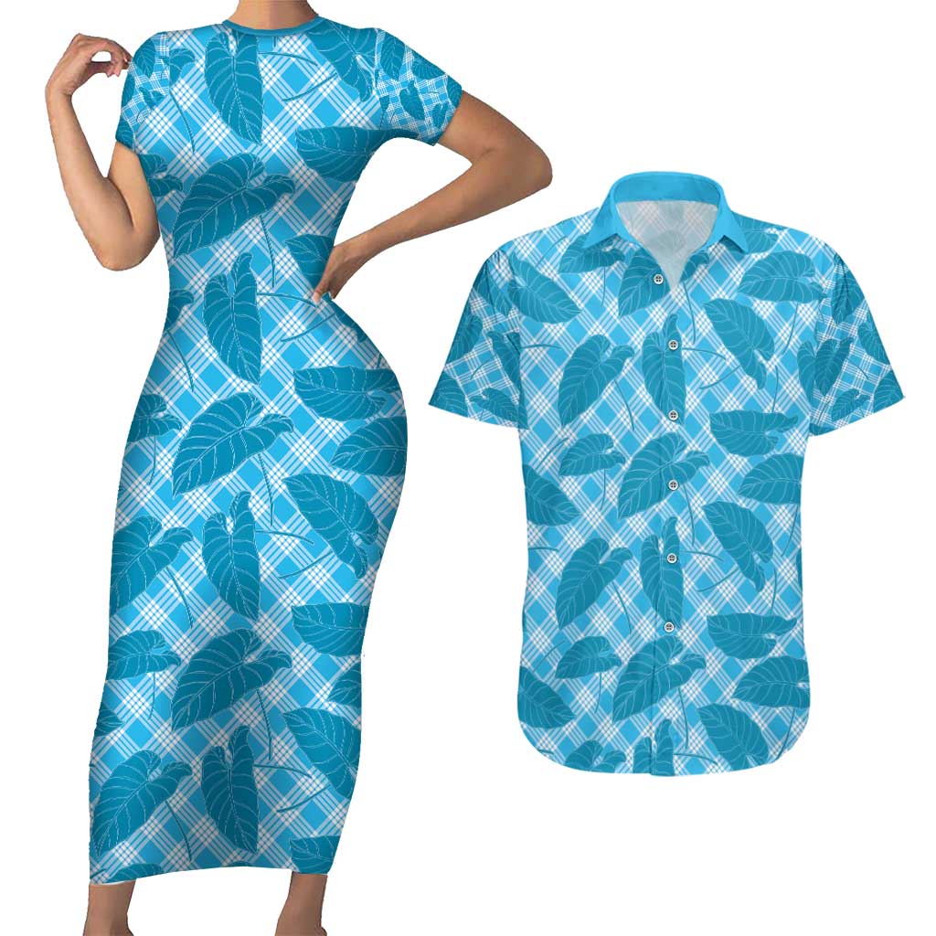 Blue Hawaii Kalo Palaka Motifs Couples Matching Short Sleeve Bodycon Dress and Hawaiian Shirt Hawaiian Taro Leaves Elegant Vibes - Polynesian Pride