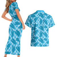 Blue Hawaii Kalo Palaka Motifs Couples Matching Short Sleeve Bodycon Dress and Hawaiian Shirt Hawaiian Taro Leaves Elegant Vibes - Polynesian Pride