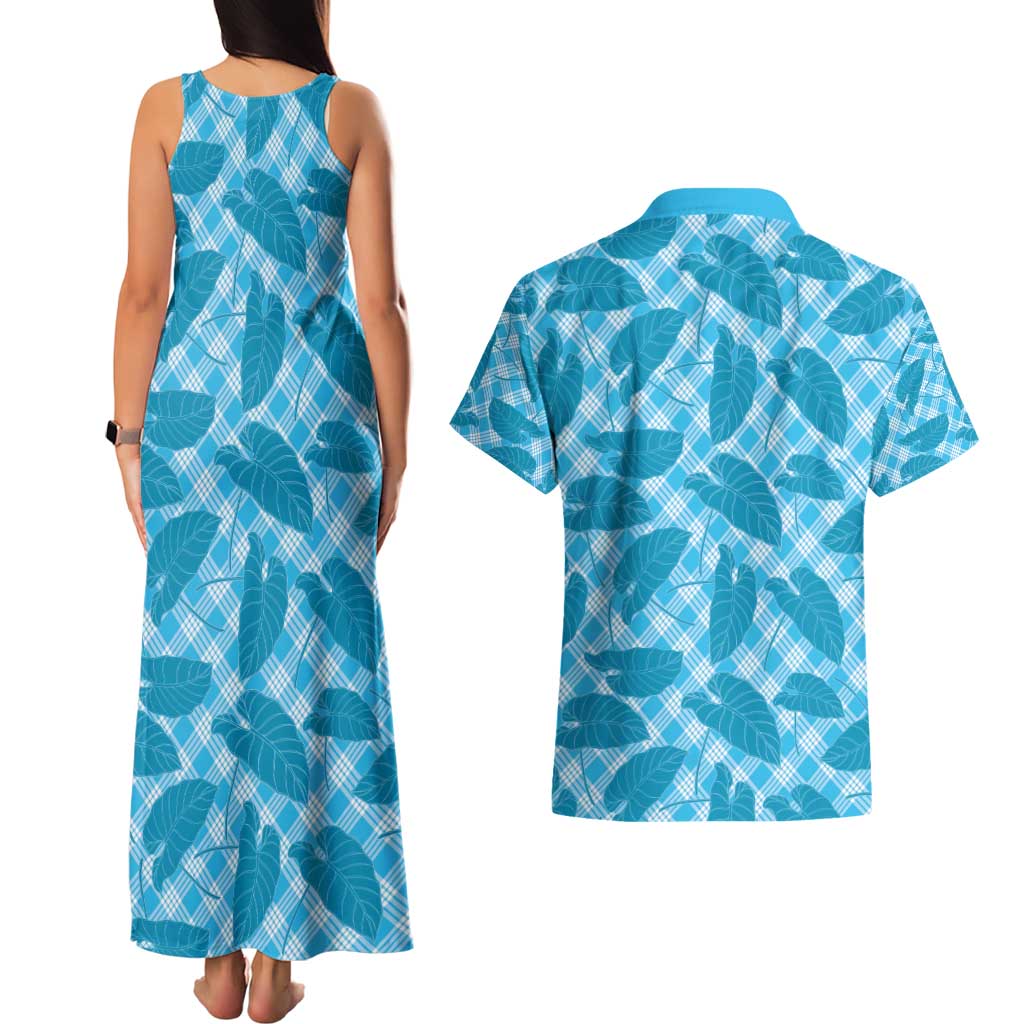 Blue Hawaii Kalo Palaka Motifs Couples Matching Tank Maxi Dress and Hawaiian Shirt Hawaiian Taro Leaves Elegant Vibes - Polynesian Pride