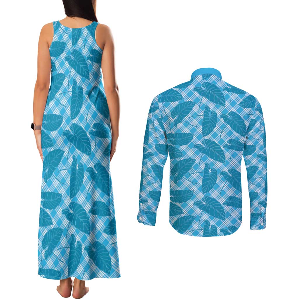 Blue Hawaii Kalo Palaka Motifs Couples Matching Tank Maxi Dress and Long Sleeve Button Shirt Hawaiian Taro Leaves Elegant Vibes - Polynesian Pride