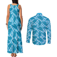 Blue Hawaii Kalo Palaka Motifs Couples Matching Tank Maxi Dress and Long Sleeve Button Shirt Hawaiian Taro Leaves Elegant Vibes - Polynesian Pride