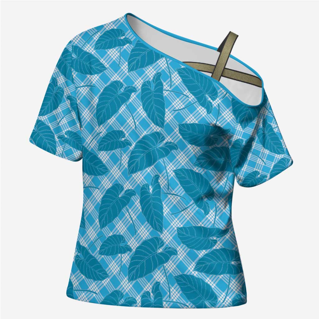 Blue Hawaii Kalo Palaka Motifs Cross Shoulder Shirt Hawaiian Taro Leaves Elegant Vibes - Polynesian Pride