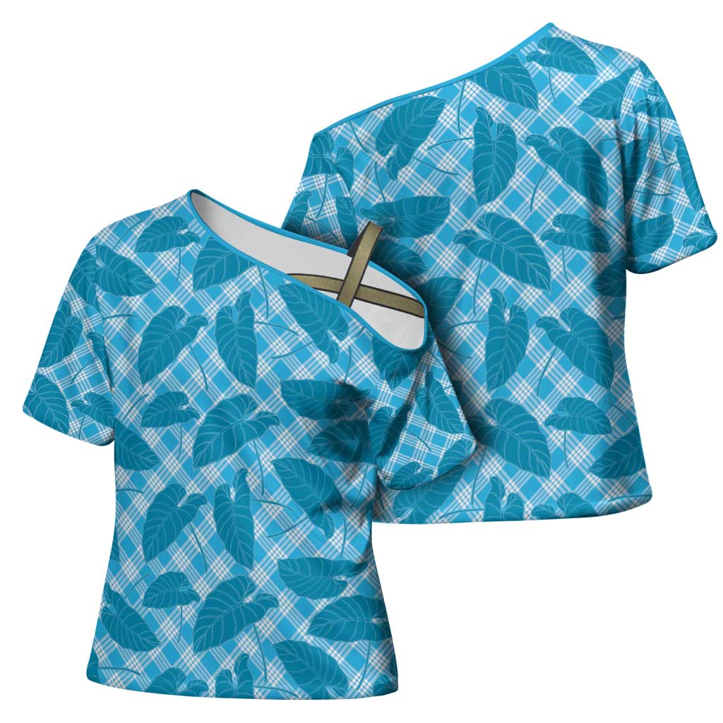 Blue Hawaii Kalo Palaka Motifs Cross Shoulder Shirt Hawaiian Taro Leaves Elegant Vibes - Polynesian Pride