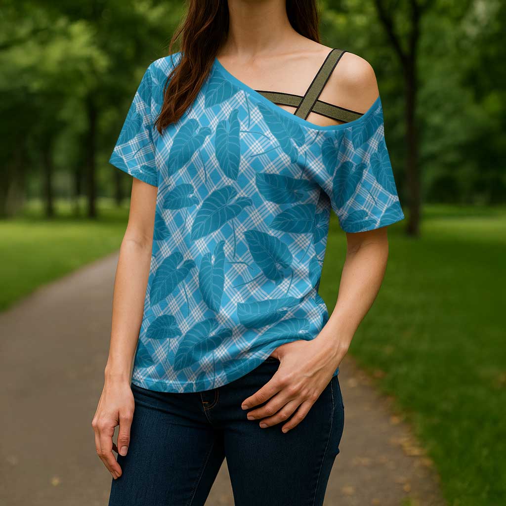 Blue Hawaii Kalo Palaka Motifs Cross Shoulder Shirt Hawaiian Taro Leaves Elegant Vibes - Polynesian Pride