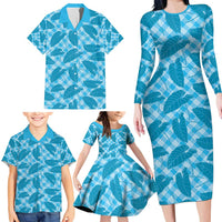 Blue Hawaii Kalo Palaka Motifs Family Matching Long Sleeve Bodycon Dress and Hawaiian Shirt Hawaiian Taro Leaves Elegant Vibes - Polynesian Pride