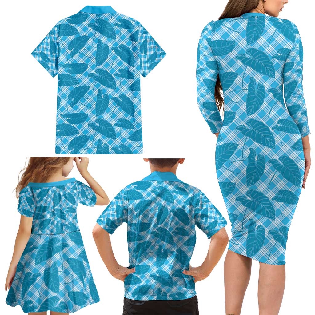 Blue Hawaii Kalo Palaka Motifs Family Matching Long Sleeve Bodycon Dress and Hawaiian Shirt Hawaiian Taro Leaves Elegant Vibes - Polynesian Pride