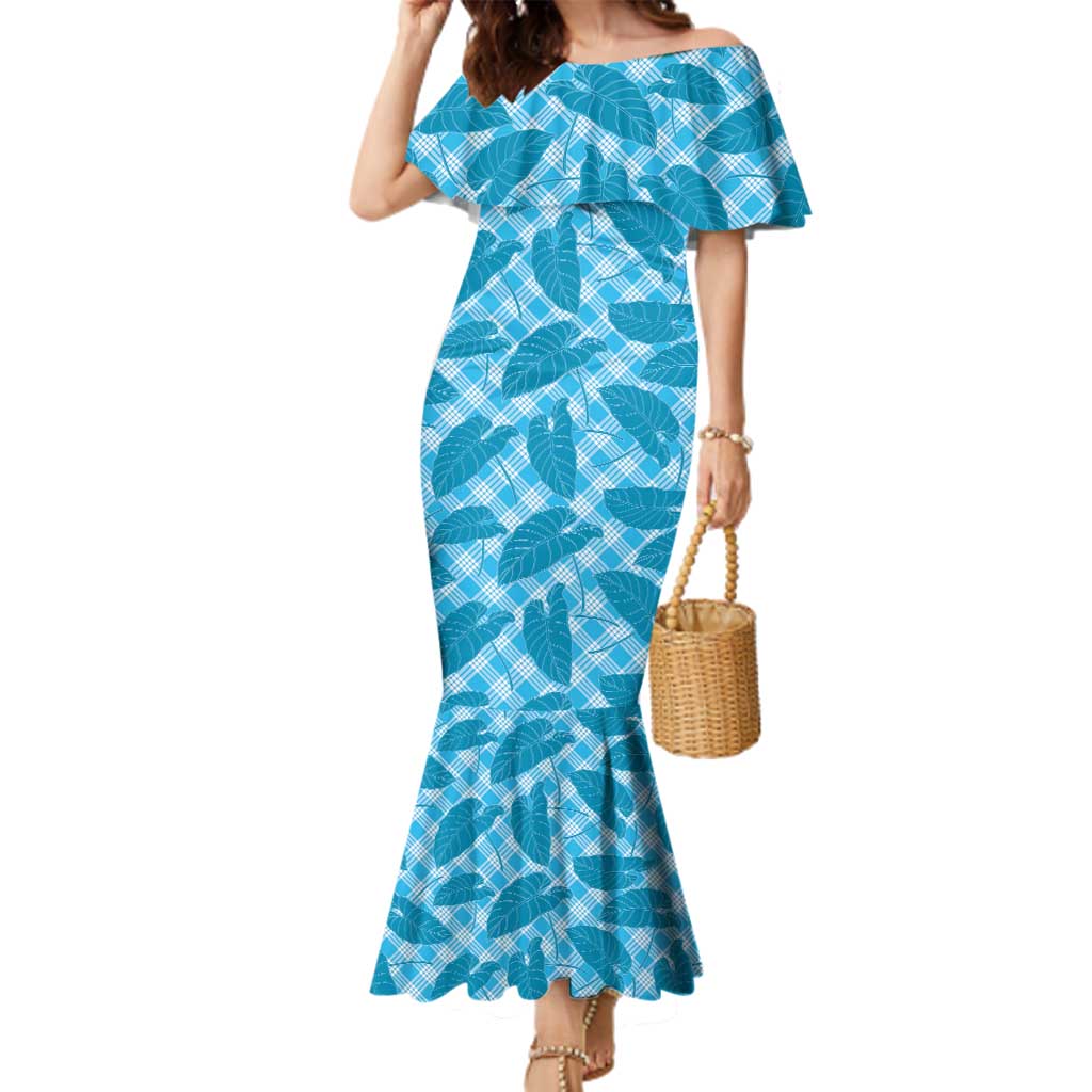Blue Hawaii Kalo Palaka Motifs Family Matching Mermaid Dress and Hawaiian Shirt Hawaiian Taro Leaves Elegant Vibes - Polynesian Pride