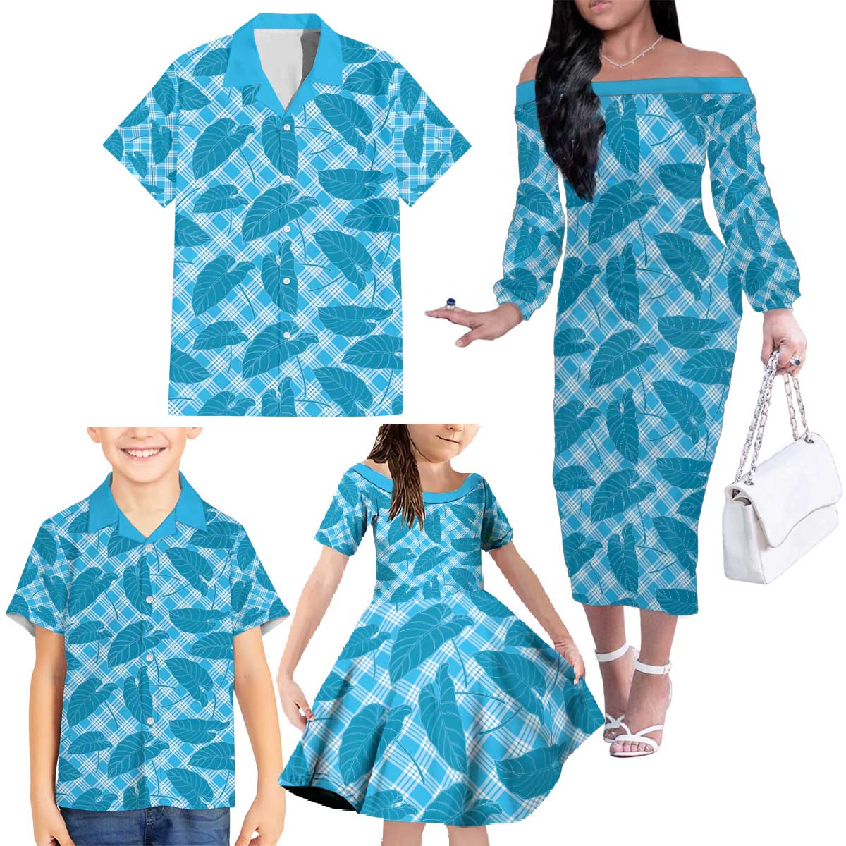 Blue Hawaii Kalo Palaka Motifs Family Matching Off The Shoulder Long Sleeve Dress and Hawaiian Shirt Hawaiian Taro Leaves Elegant Vibes - Polynesian Pride