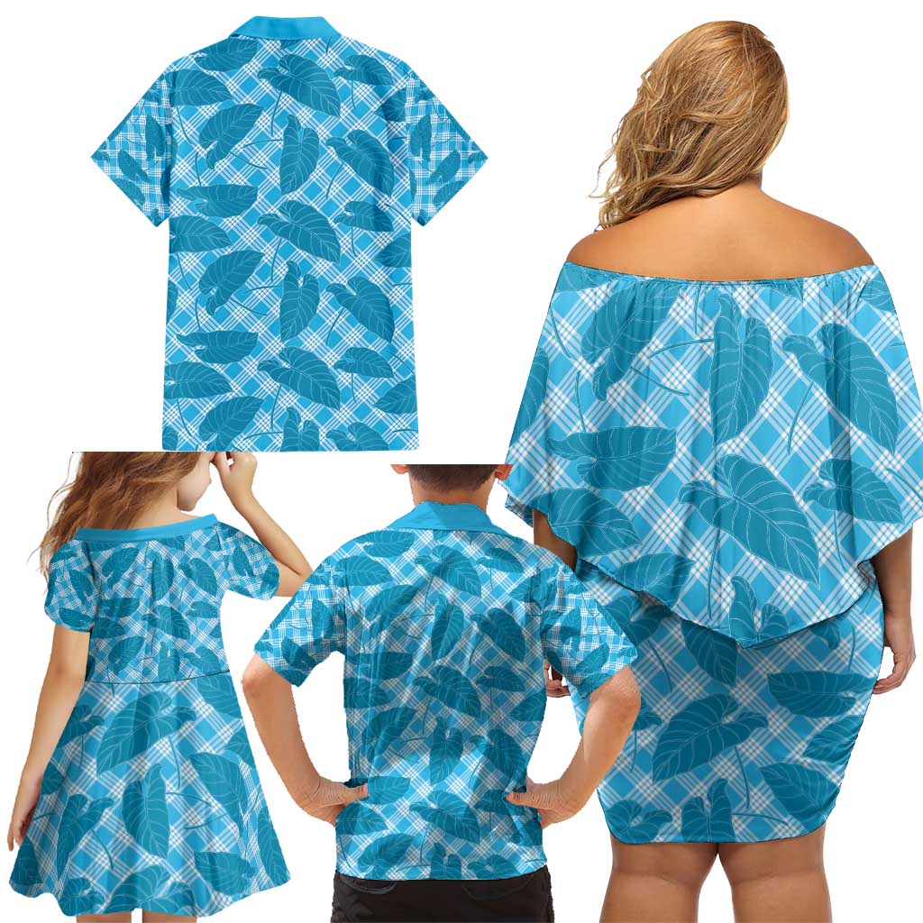 Blue Hawaii Kalo Palaka Motifs Family Matching Off Shoulder Short Dress and Hawaiian Shirt Hawaiian Taro Leaves Elegant Vibes - Polynesian Pride